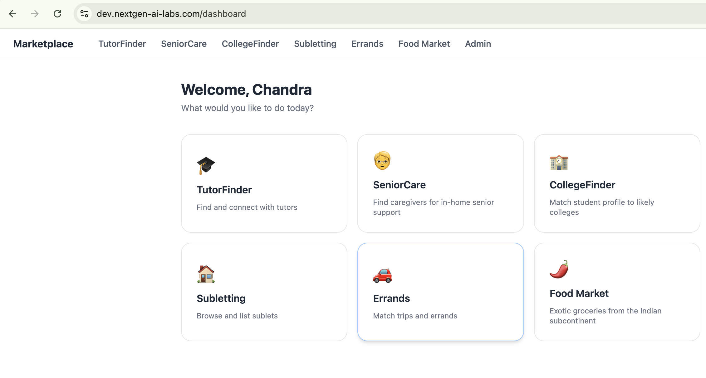 Marketplace administrator dashboard overview with modular application entries.
