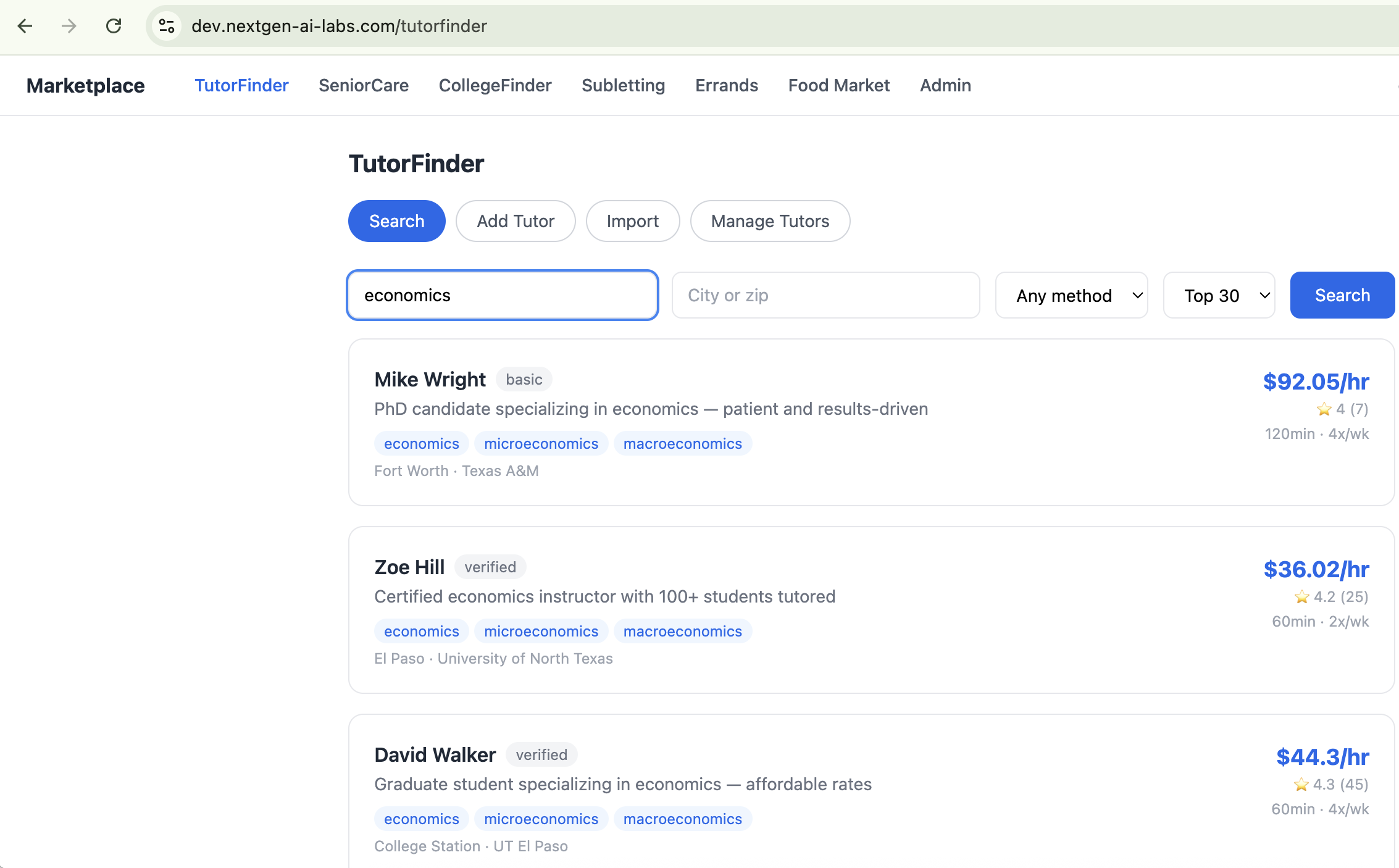 TutorFinder marketplace listing search results and filters inside the platform shell.